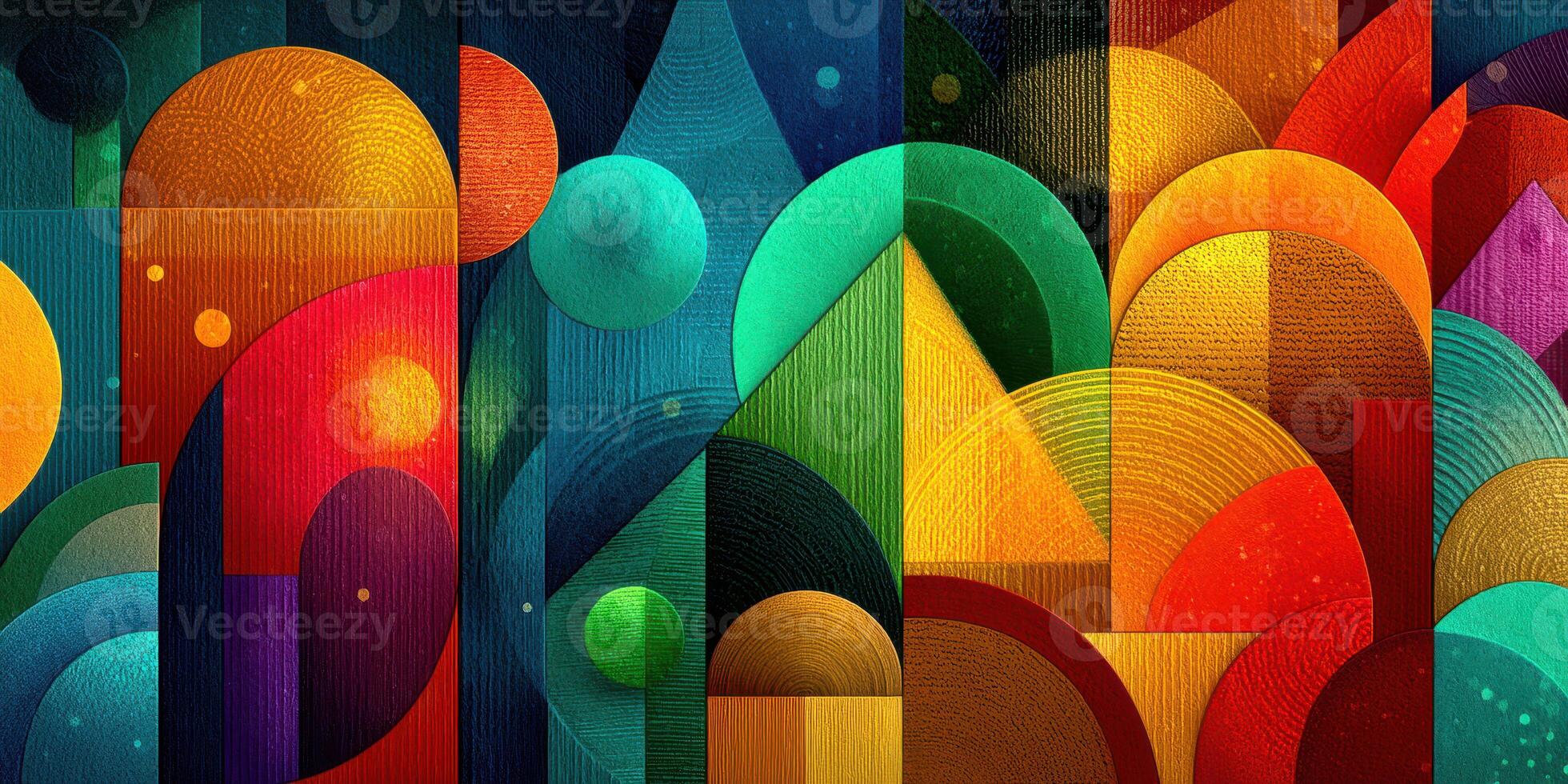 Colorful abstract geometric pattern with circles and triangles in vibrant hues on canvas photo