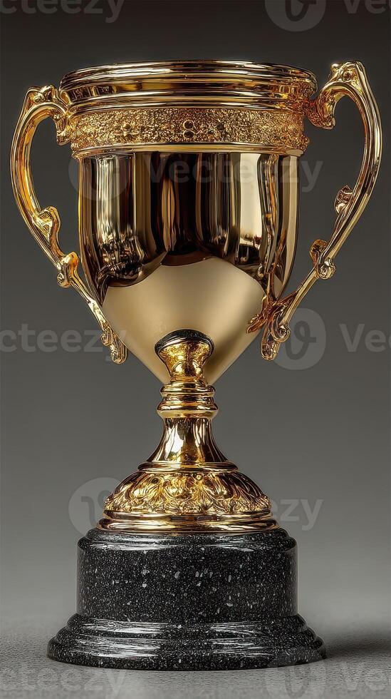 Shiny golden trophy with ornate design displayed on a dark pedestal against a black background photo