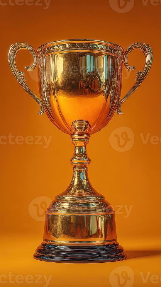 Shiny trophy displayed on a vibrant orange background with reflective surfaces highlighting elegant details photo