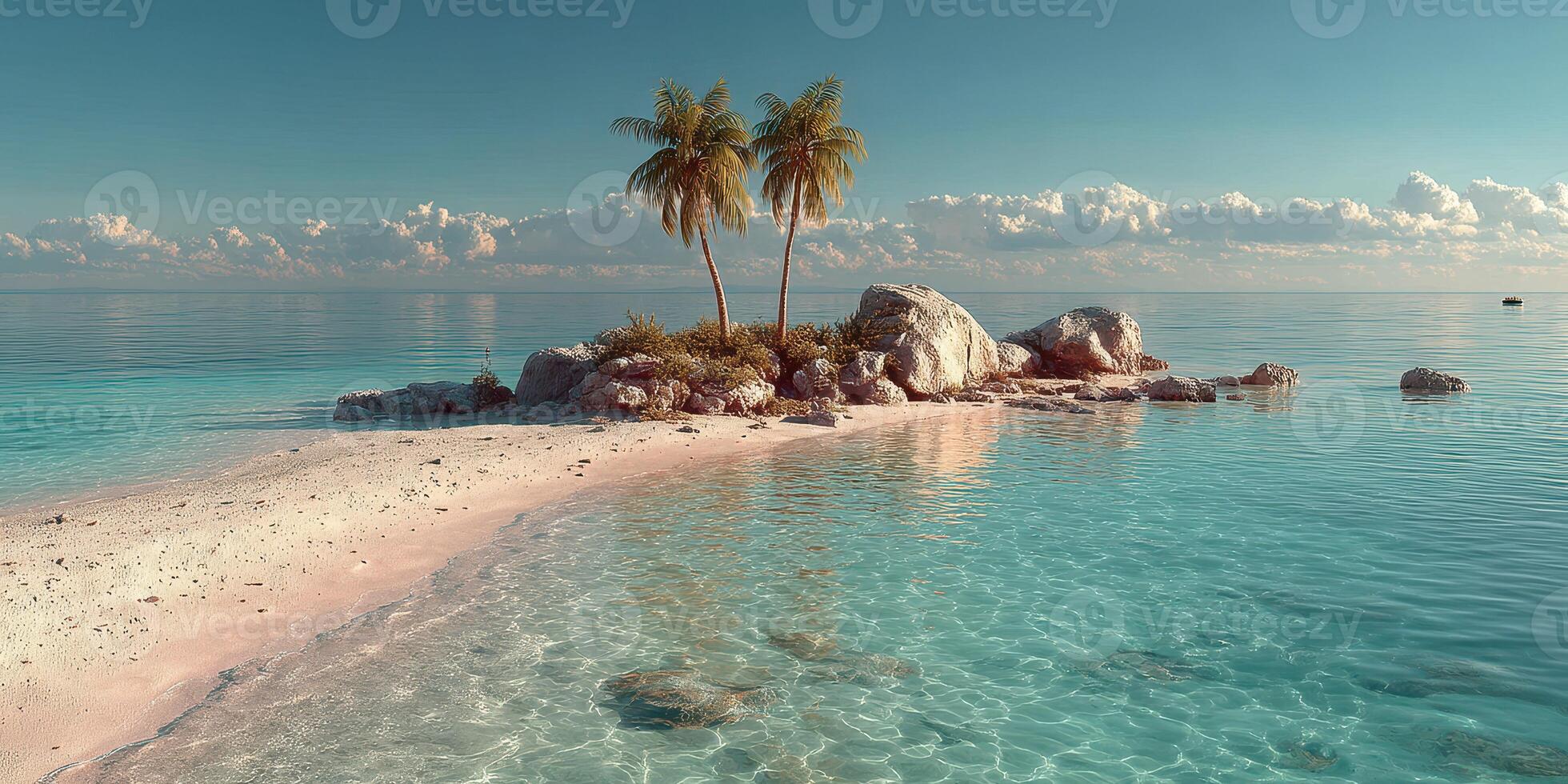 Tropical paradise with clear blue water and palm trees at serene beach location photo