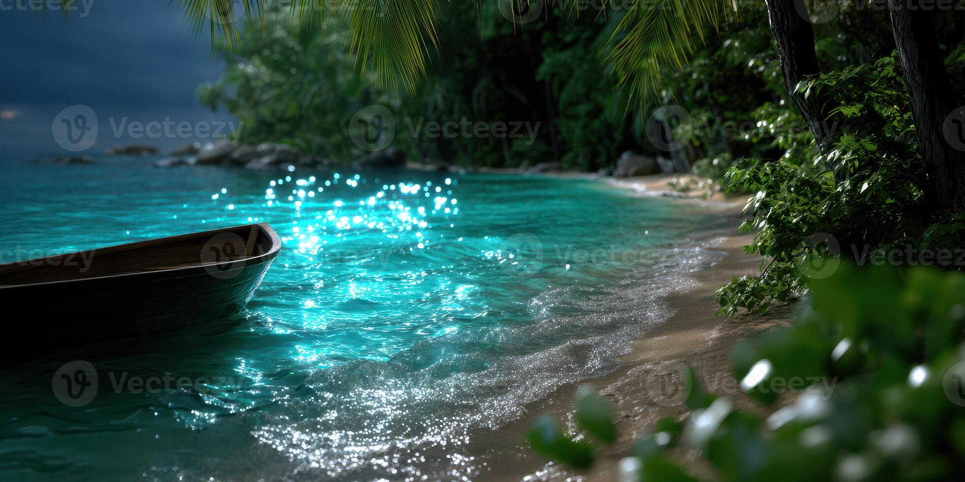 Shimmering waters reflect moonlight near a serene tropical shoreline with lush vegetation and a small boat at dusk photo