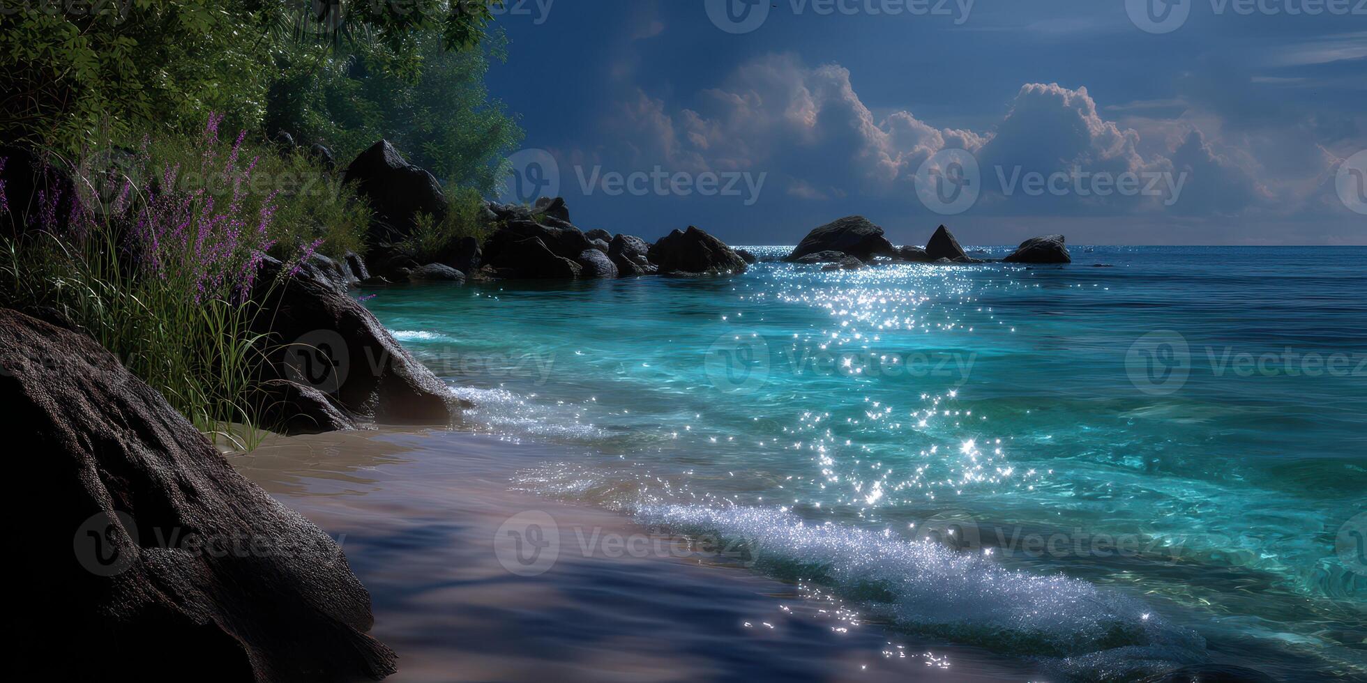 Serene beach at twilight with sparkling water and dramatic clouds along rocky shoreline photo