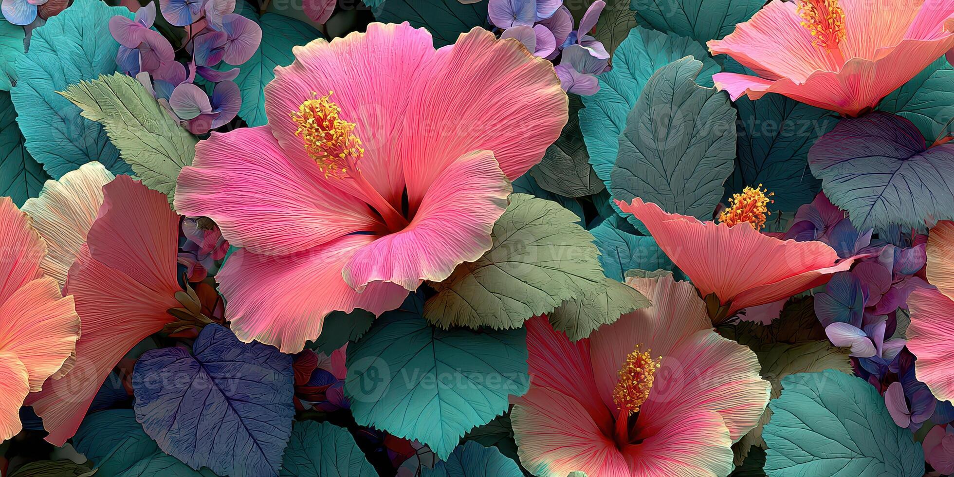 Vibrant floral display features colorful hibiscus and lush leaves in a tropical setting photo