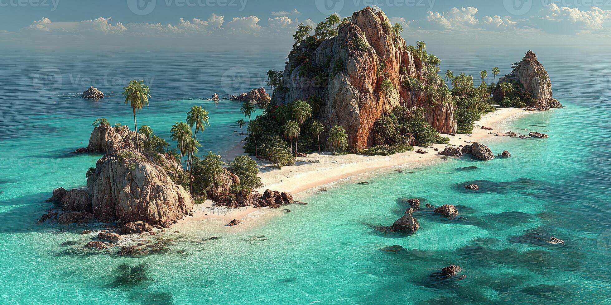 Pristine tropical island with clear turquoise waters and lush greenery during a sunny day in a serene coastal environment photo