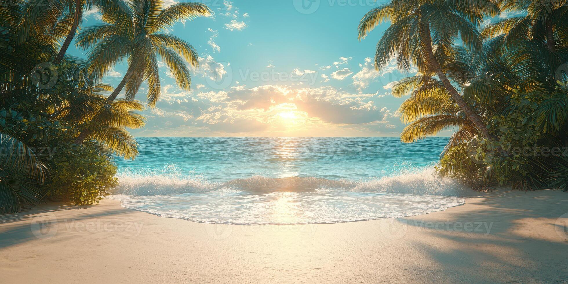Sunset over tranquil beach with palm trees framing the view in a tropical paradise setting photo