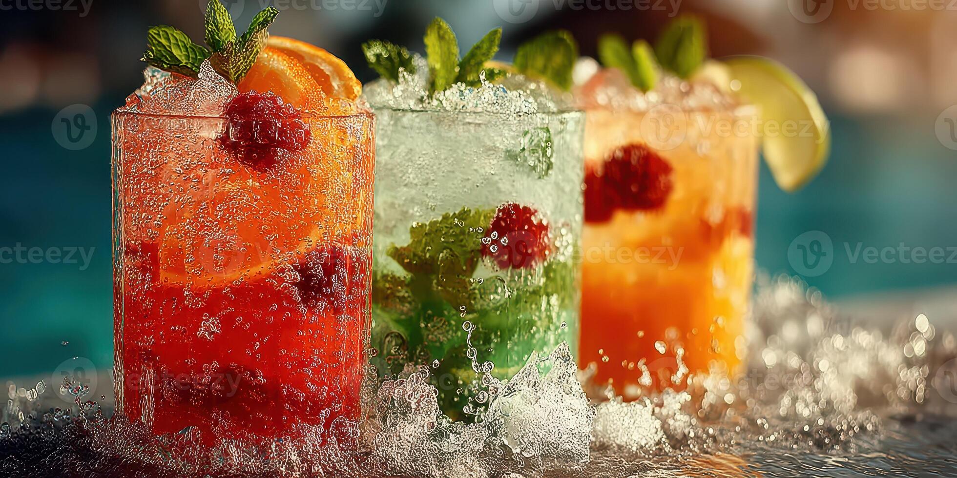 Refreshing summer cocktails served with fresh fruit and mint by a sparkling poolside photo