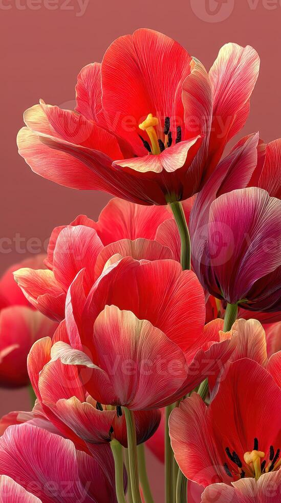 Red tulips bloom vibrantly in a bouquet against a soft gradient background, showcasing nature's beauty and elegance photo