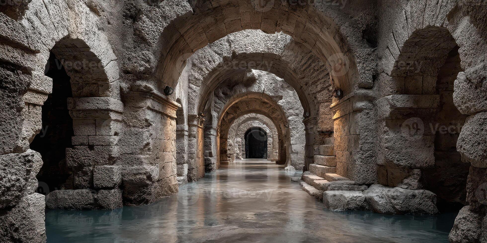 Ancient stone corridors with arched doorways in a mysterious underground setting during evening hours photo