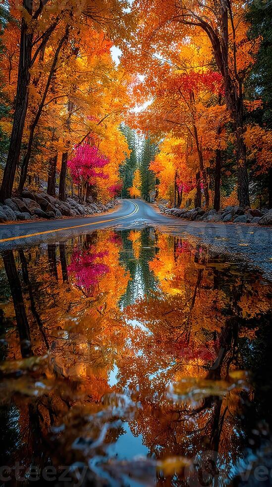 Vibrant autumn colors reflect in a puddle along a winding road in the forest photo