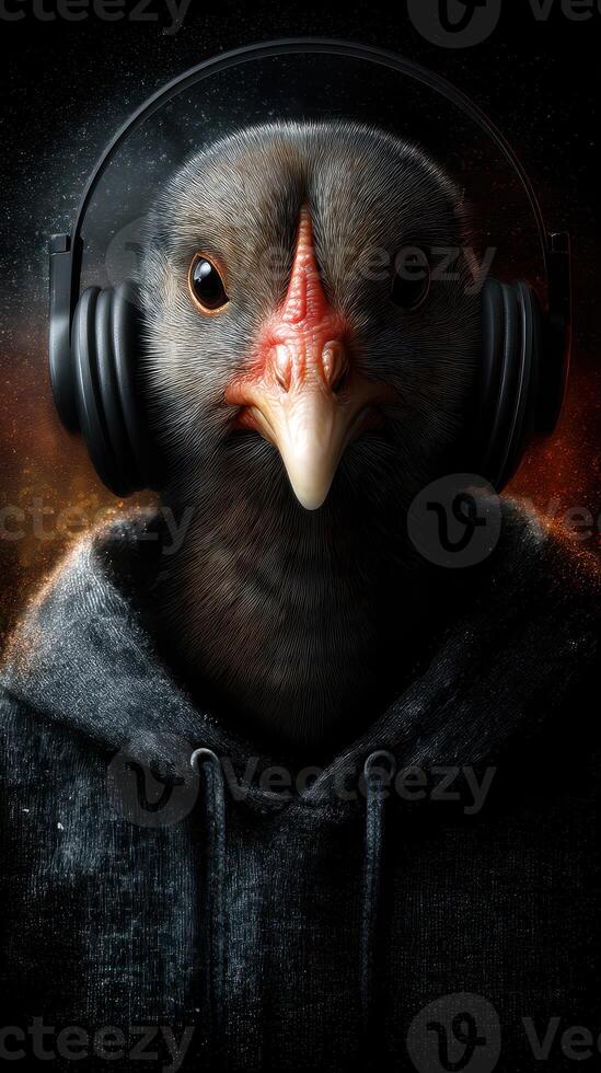 Bird wearing headphones in dark setting creates a unique urban art vibe in digital design photo