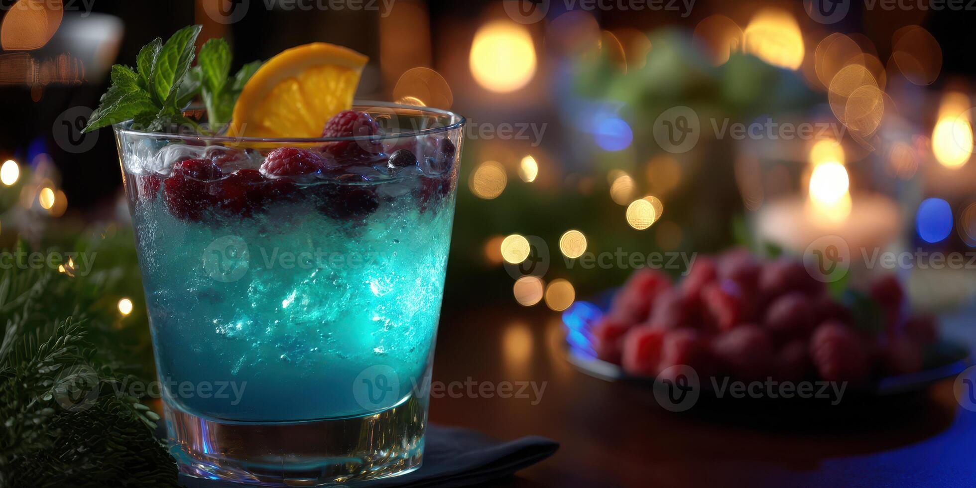 Refreshing blue cocktail adorned with fresh berries served in an elegant setting at night photo
