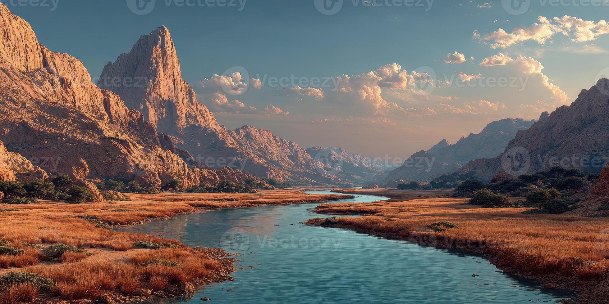 Stunning mountain landscape with river and golden grass at sunset in a serene natural setting photo
