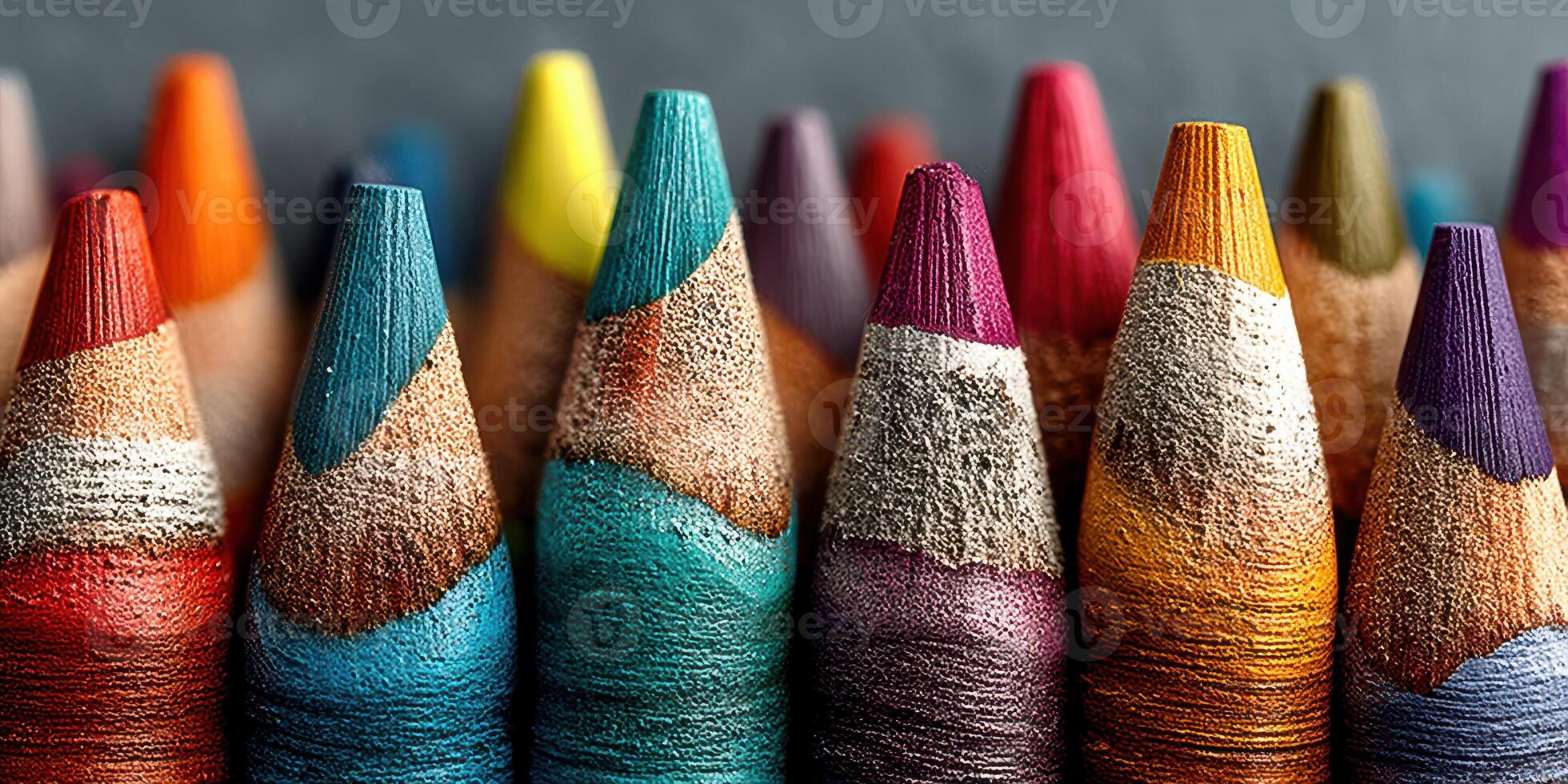 Colorful crayons arranged in a vibrant display, showcasing numerous shades and textures for creative projects photo