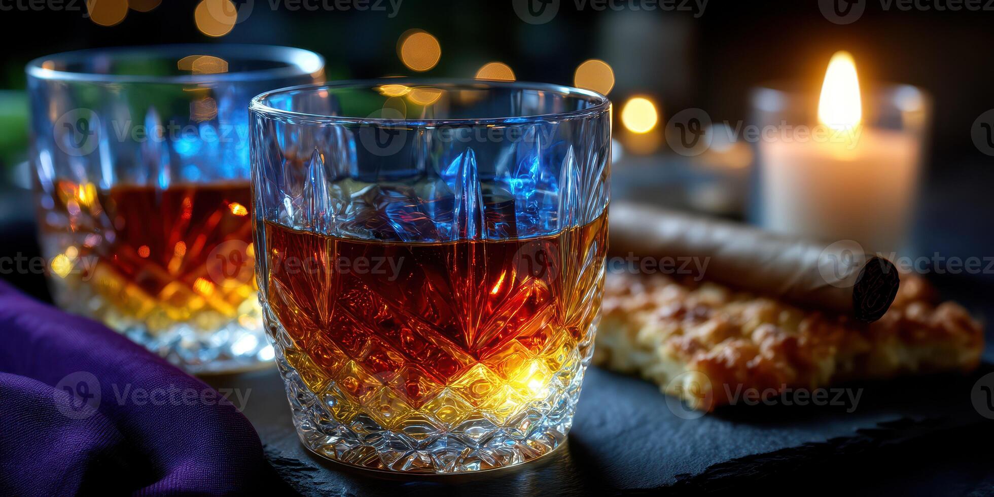 Elegant whiskey glasses, candlelight, and a cigar create a cozy evening ambiance for relaxation photo