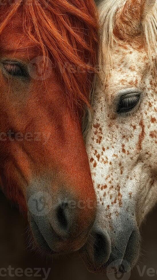 Two horses sharing a moment of connection, showcasing contrasting colors and textures in a serene setting photo