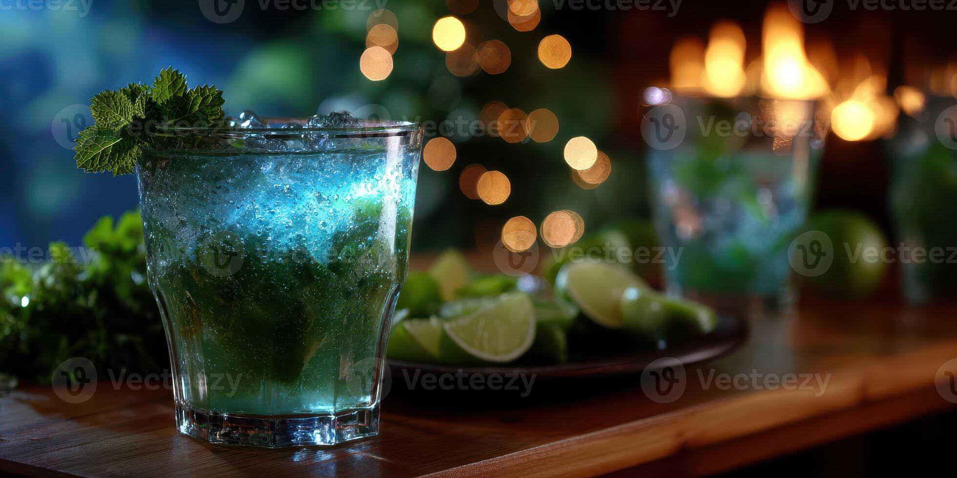 Refreshing mint mojito cocktail served in a glass with fresh mint leaves and lime on a wooden table in a cozy, dimly lit ambiance photo
