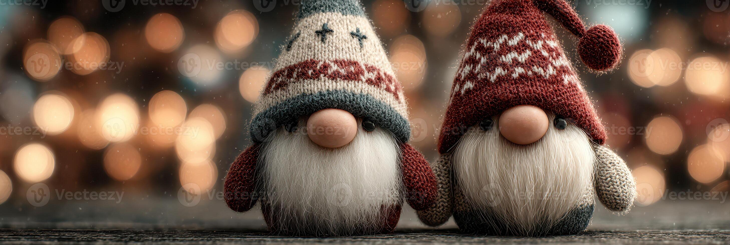 Cute festive gnomes in colorful hats standing together during the holiday season photo