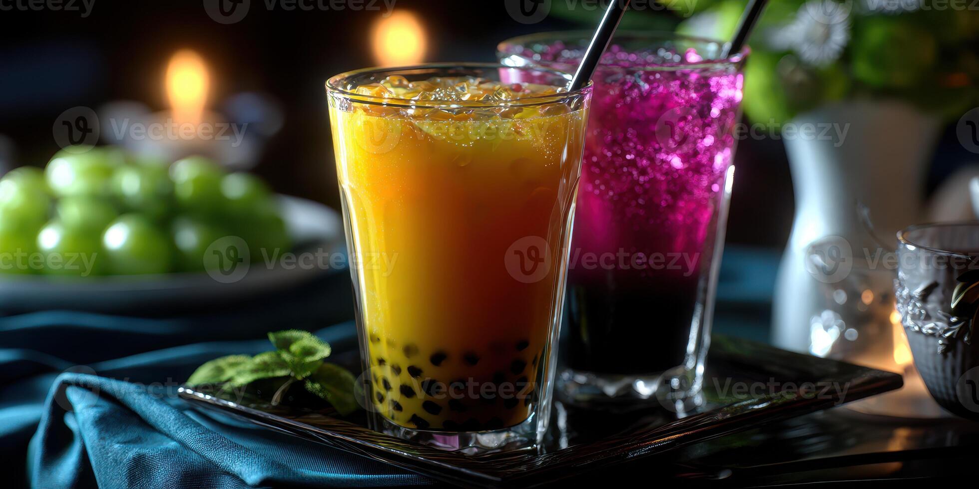 Colorful fruit bubble drinks served on a table with decorative garnishes in a cozy atmosphere photo