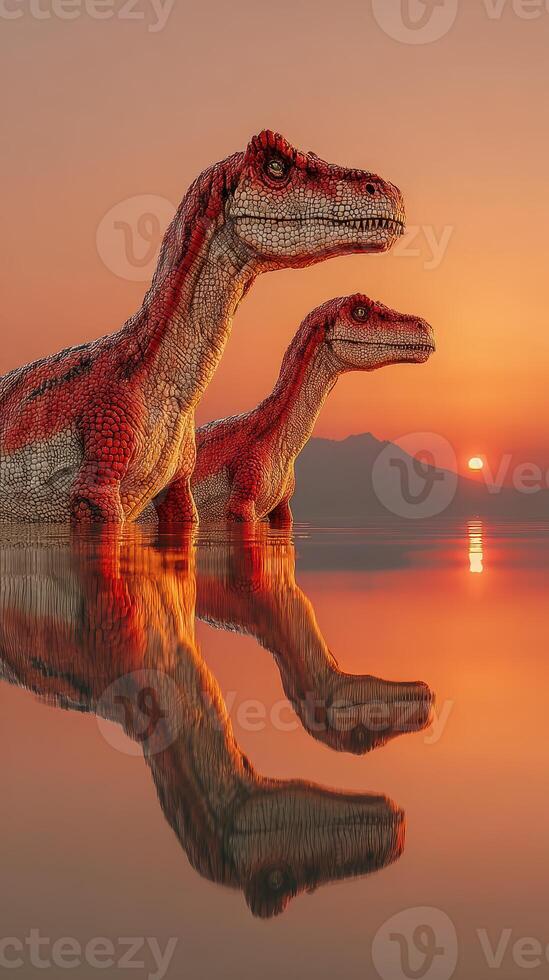 Dinosaurs standing in water during sunset with reflections, showcasing vibrant colors and serene atmosphere photo