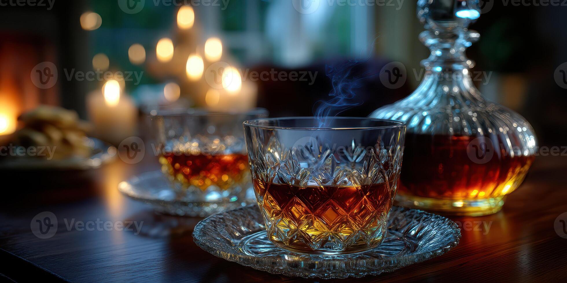Elegant whiskey setting by candlelight with glasses and decanter on wooden table photo