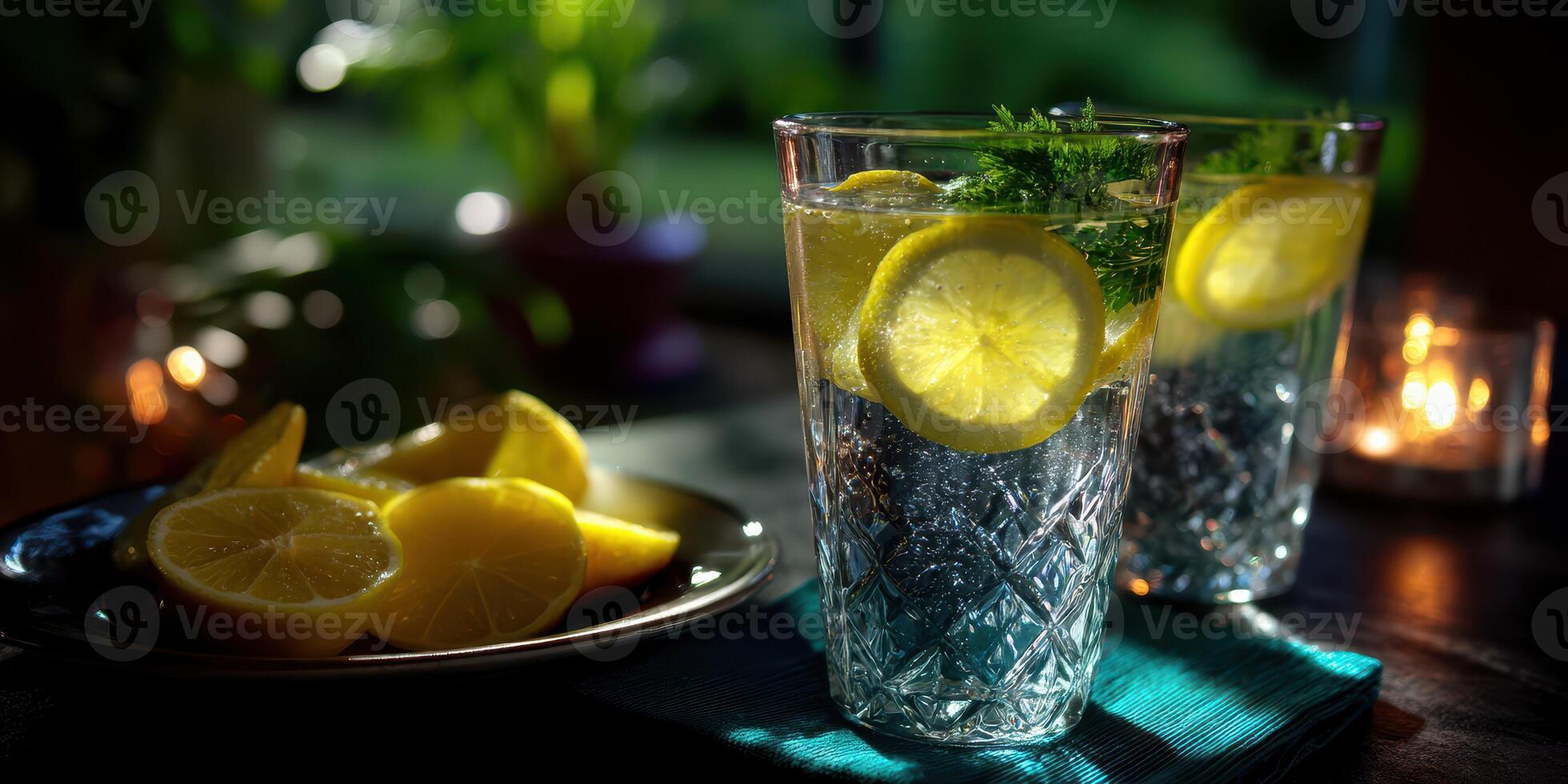 Refreshing lemon water served in tall glasses with slices and fresh herbs in a cozy setting during the evening photo
