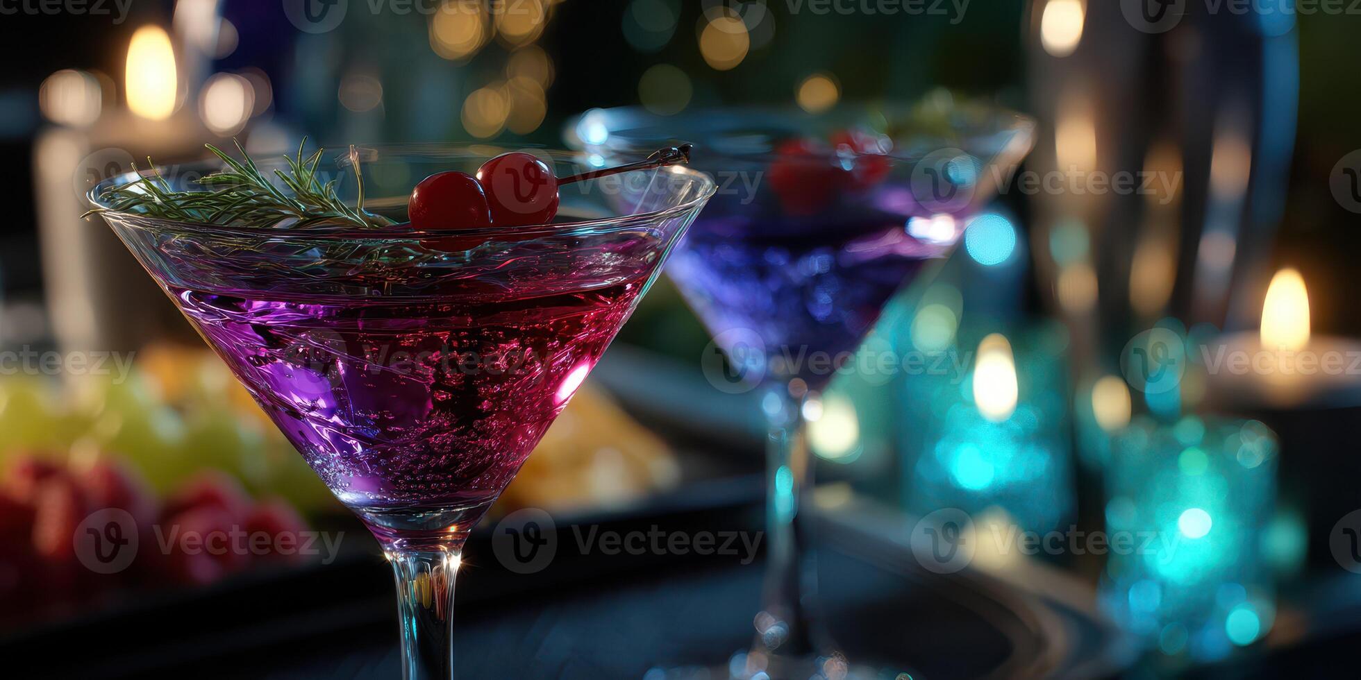 Colorful cocktails with cherries served at a sophisticated evening gathering in a dimly lit setting photo