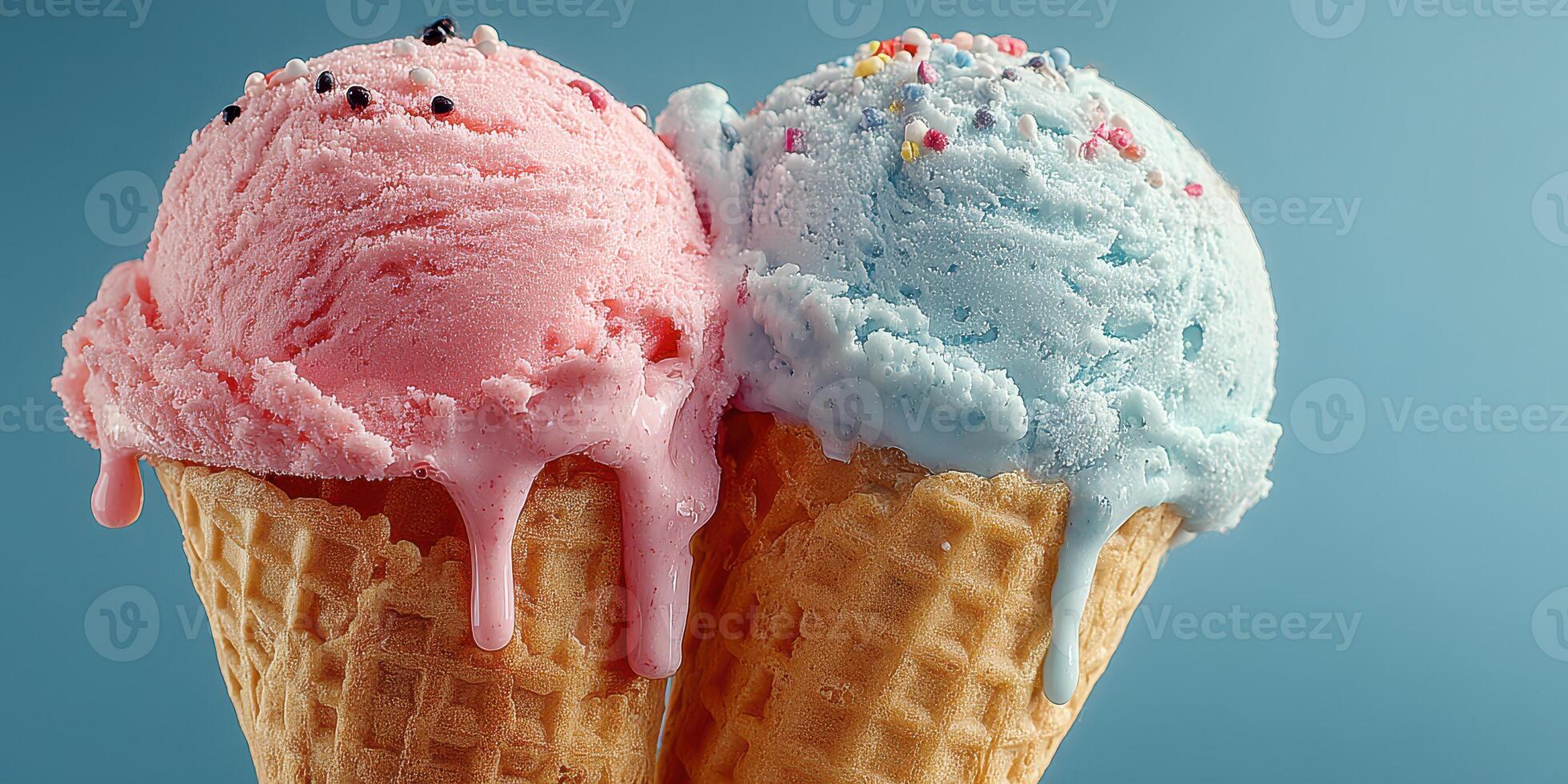Colorful ice cream cones with pink and blue flavors melting in warm weather photo