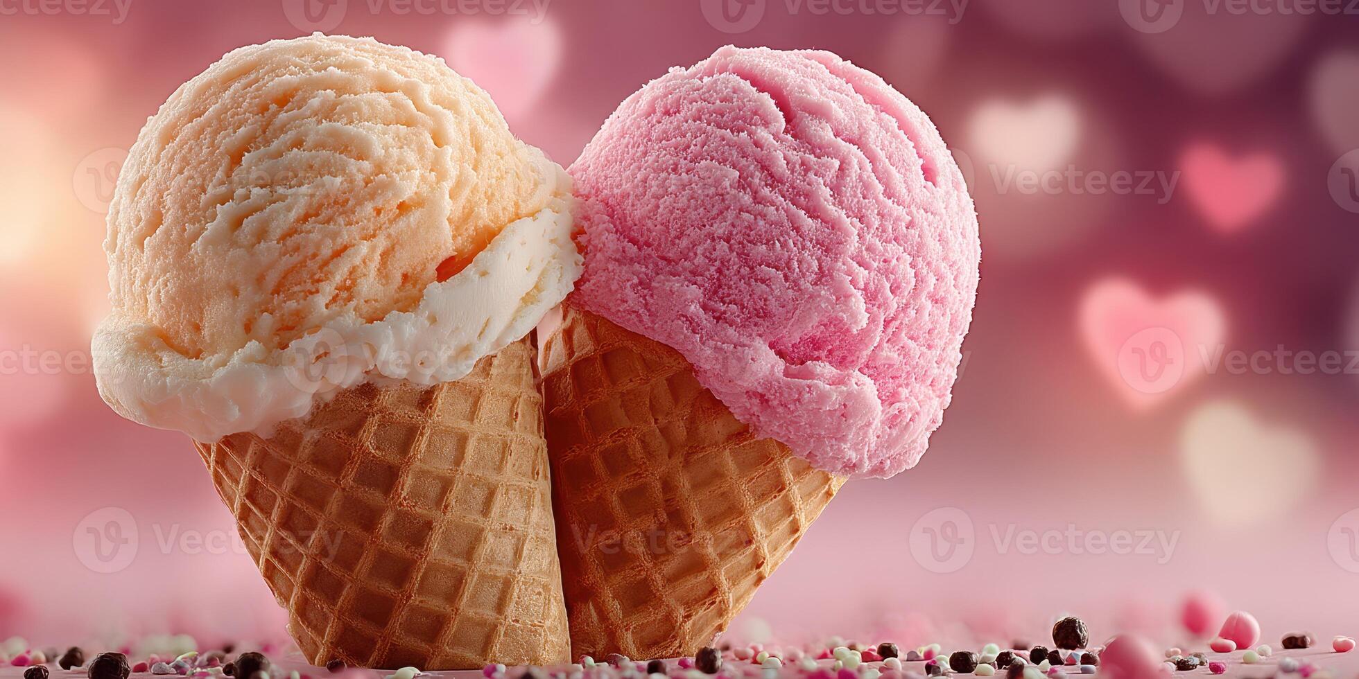 Delicious ice cream cones featuring pink and orange flavors on a soft bokeh background with hearts photo