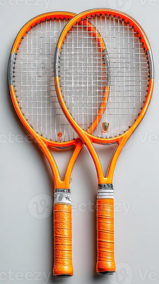 Tennis racquets in vibrant orange color with gray details resting on a neutral background photo