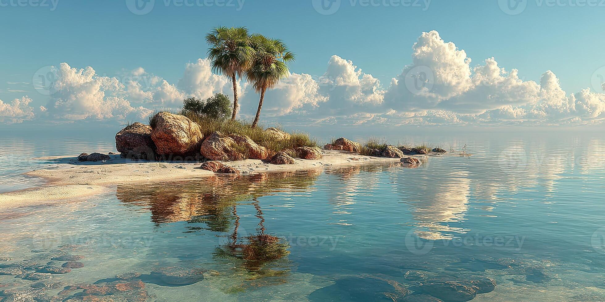 Serene tropical island with palm trees and clear water reflecting fluffy clouds during a calm day photo