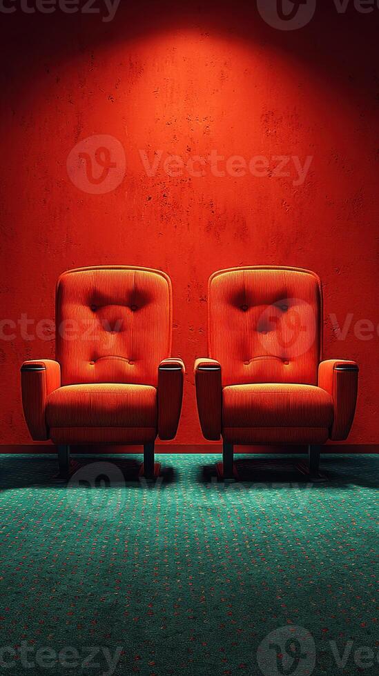 Two retro armchairs in a cozy room with a vibrant red wall and green carpet creating a unique interior design aesthetic photo