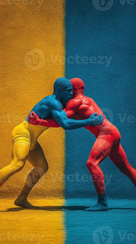 Colorful wrestling match between two athletes on a vibrant background at a competition venue photo