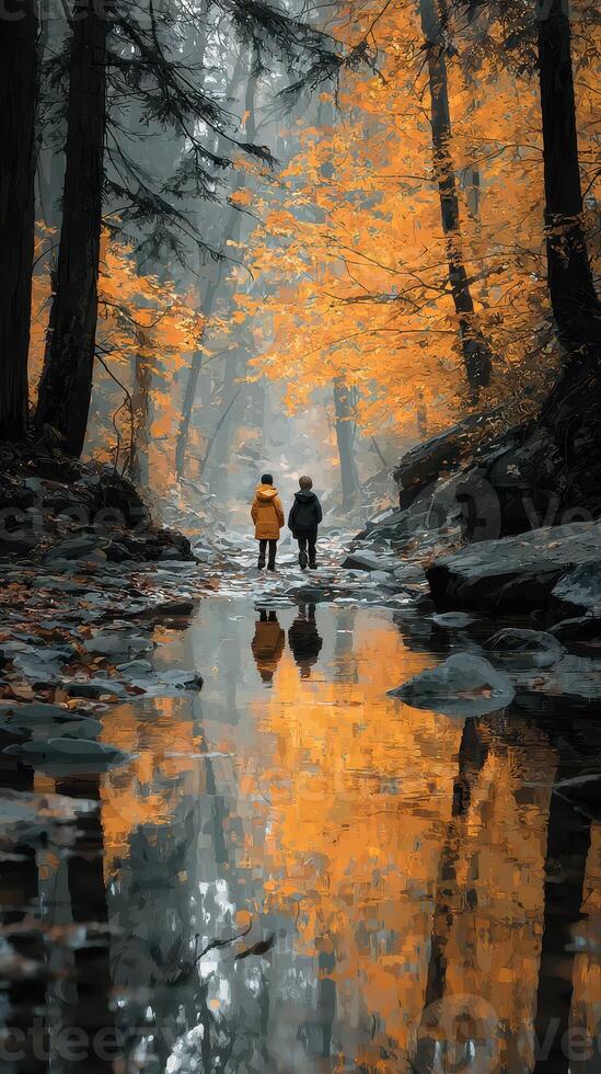 Children walking along a serene river surrounded by orange and grey autumn trees in a tranquil forest setting photo