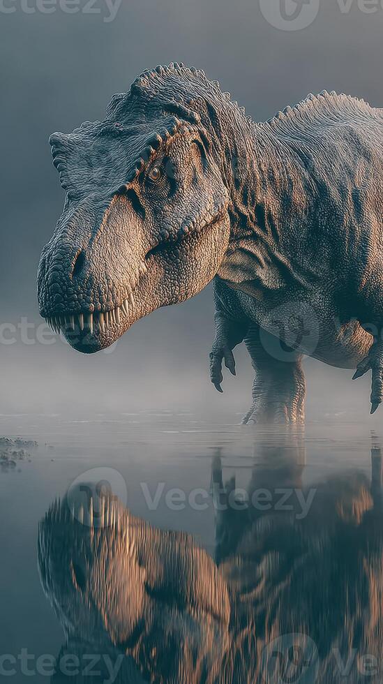 Dinosaur stands by the water, reflecting on the surface, early morning mist surrounds the creature in a prehistoric landscape photo