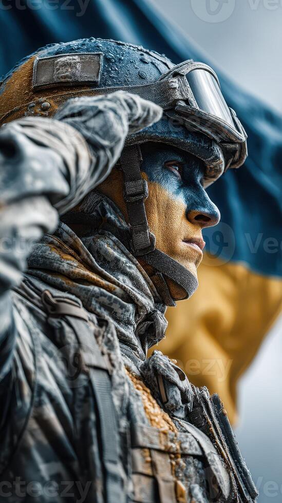 Military soldier saluting with painted face near national flag during a solemn ceremony in a historic location photo