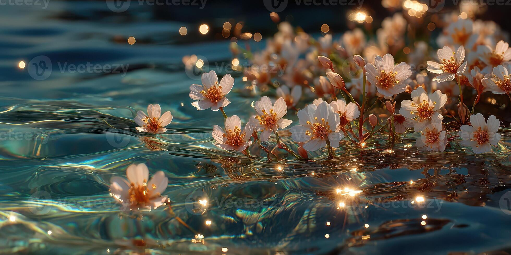 Delicate flowers floating on serene water under soft sunlight at a tranquil lakeside photo