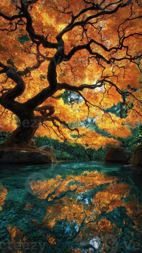 Majestic orange maple tree reflecting in calm water during autumn in a serene garden setting photo