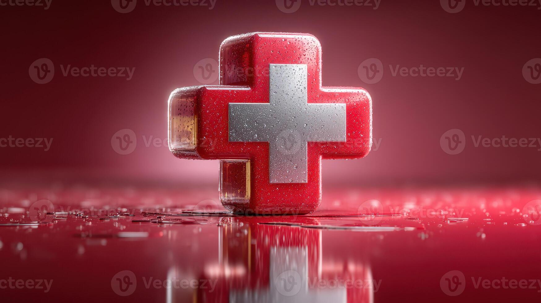 Red and silver symbol representing healthcare standing on a reflective surface photo