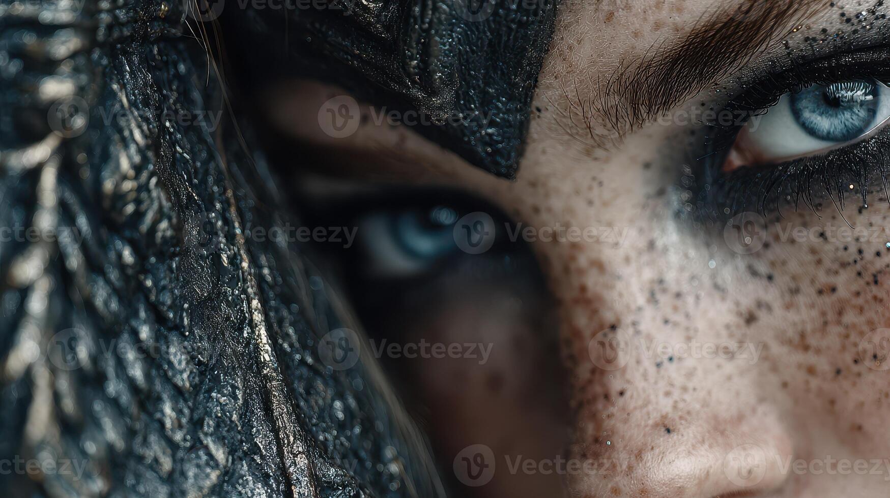 Eyes of a warrior adorned with intricate makeup and fierce expression captured in a dramatic close-up shot photo