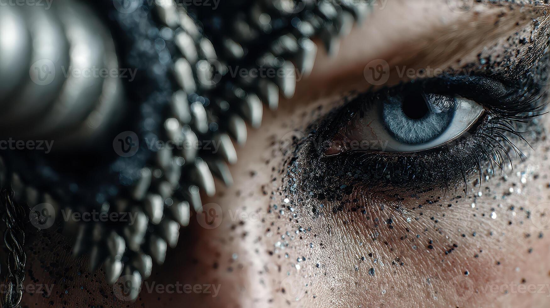 Close-up view of dramatic eye makeup with metallic elements and bold textures reflecting artistry and creativity photo