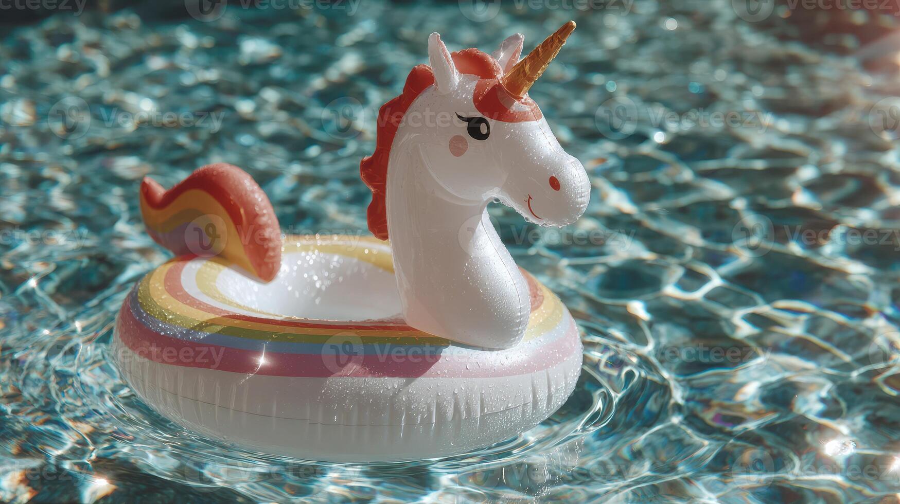 Bright inflatable unicorn floats in shimmering pool water on a sunny day photo