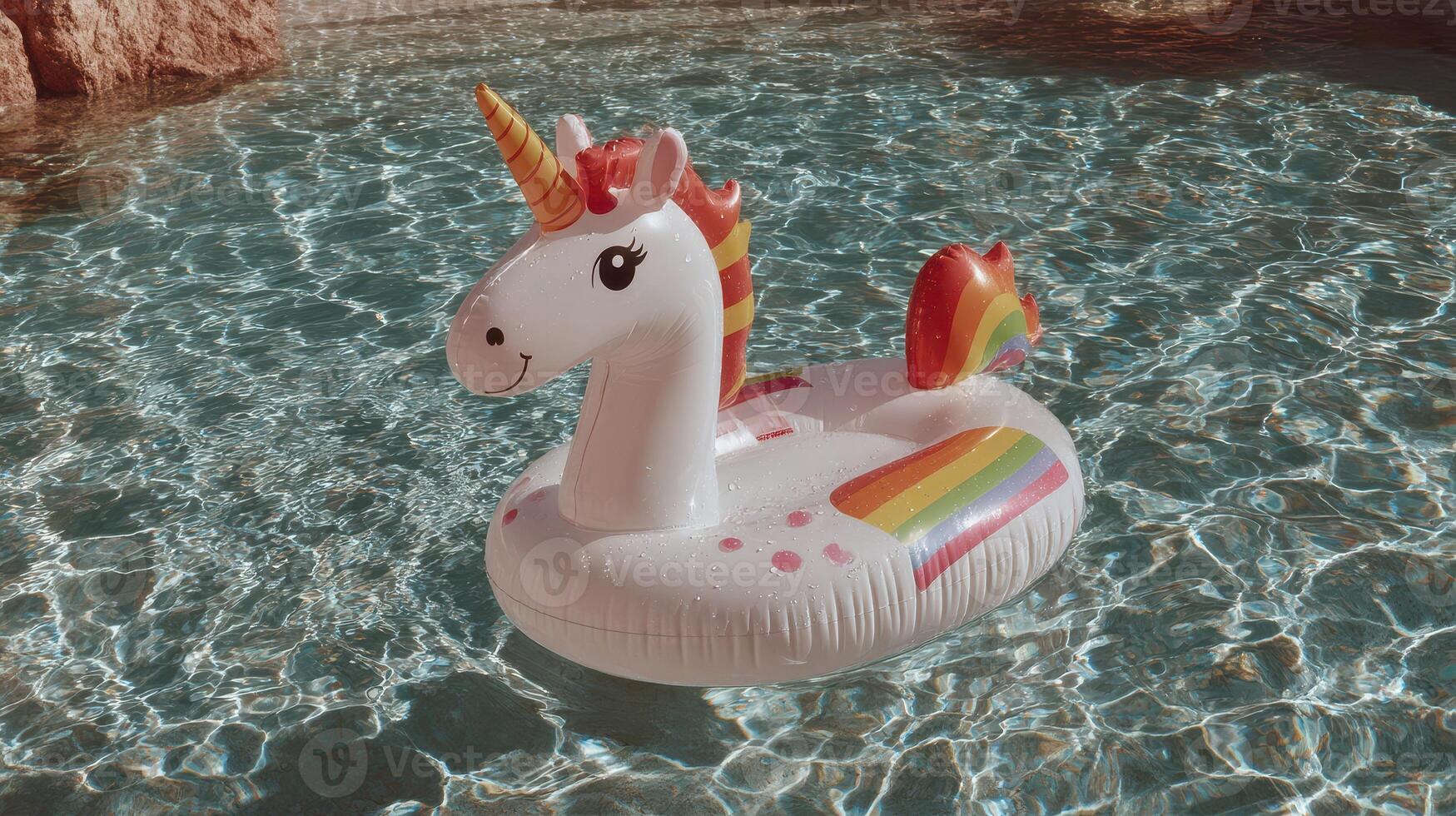 Colorful unicorn float rests in clear water under bright sunlight near rocky surroundings photo