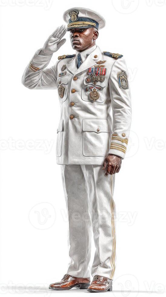 Military officer in dress uniform saluting with awards displayed, showcasing discipline and honor in a formal setting photo