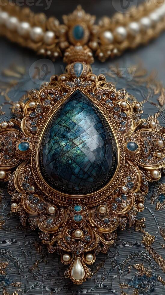 Intricate gold jewelry design featuring a large dark blue gemstone set against an elegant fabric background photo