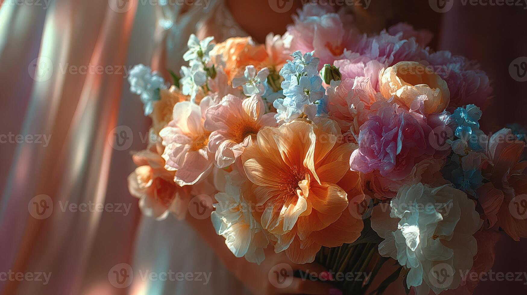 Bright floral bouquet with pastel colors held by a person in soft light during a spring celebration photo