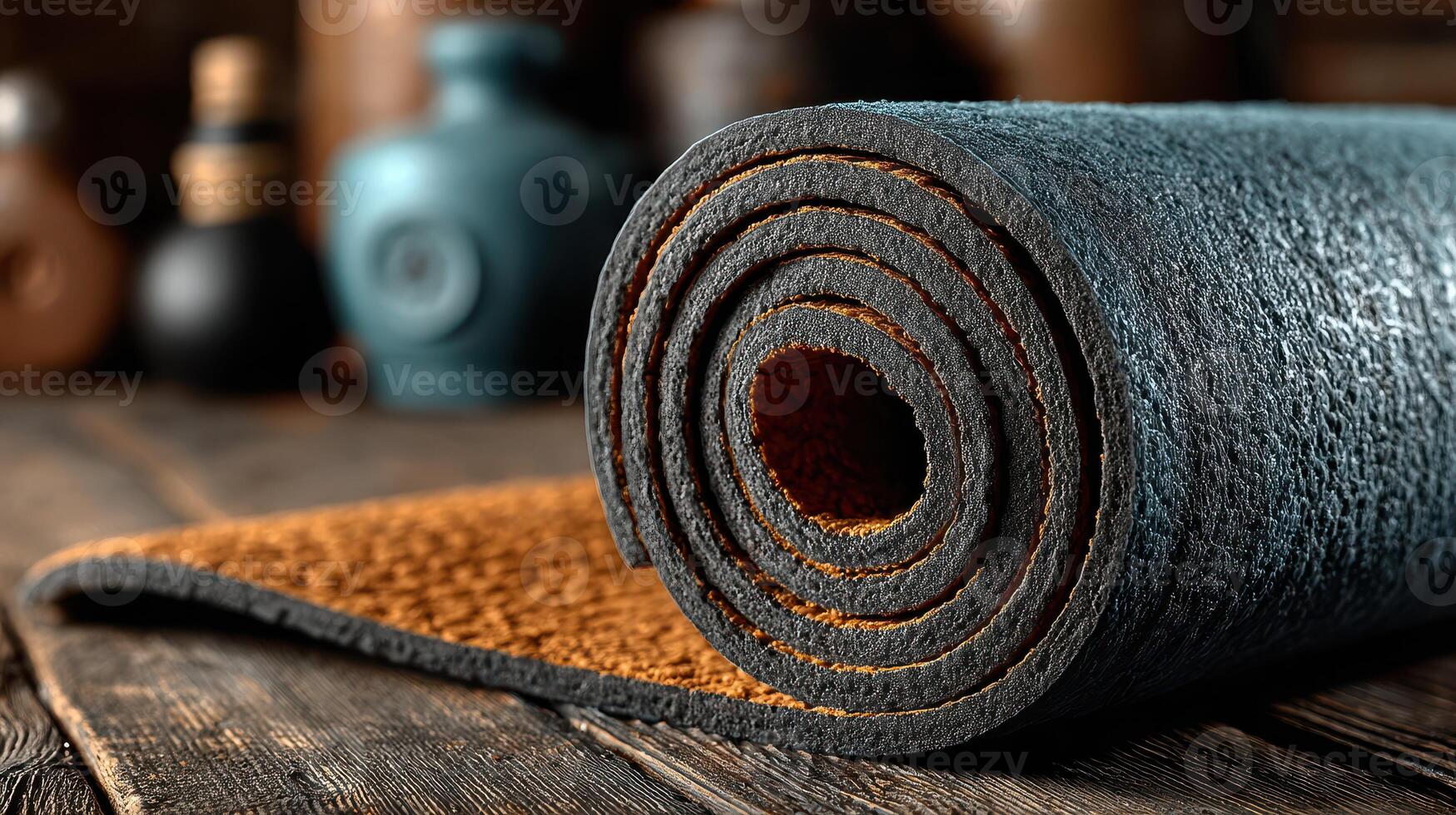 Yoga mat rolls on rustic wooden floor in a serene indoor setting during a wellness class aimed at relaxation and mindfulness photo