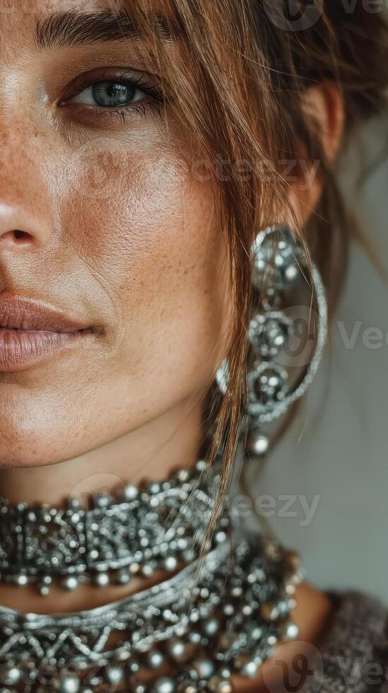 Close-up of a woman showcasing intricate silver jewelry with a natural makeup look in soft lighting photo