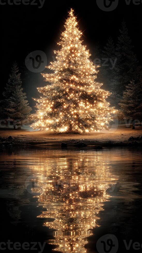 Beautifully lit Christmas tree reflected in calm water at night in a serene winter landscape photo