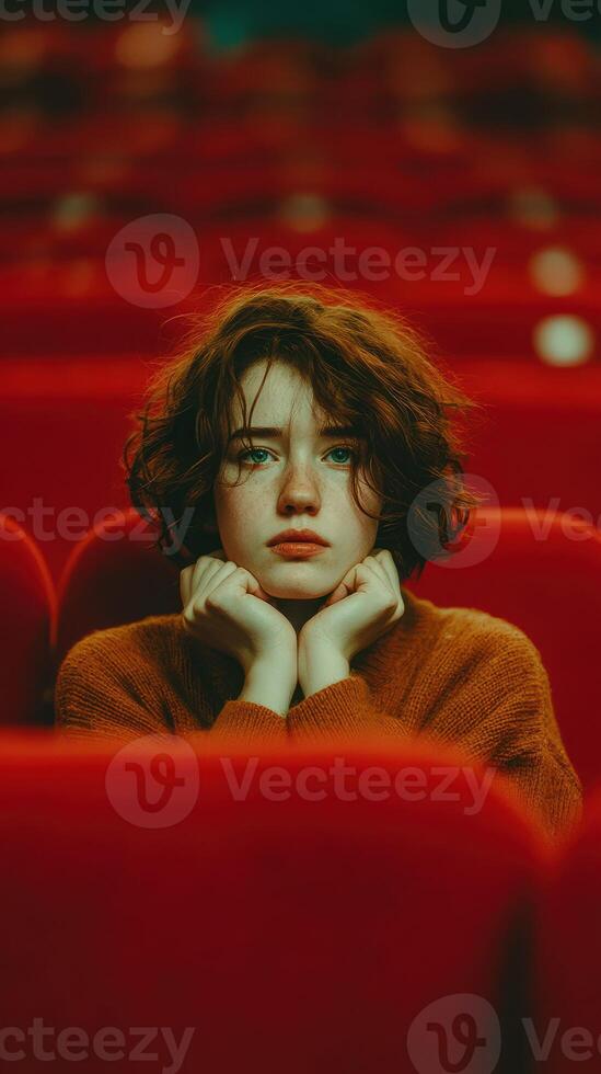 Young woman experiences deep contemplation in a theater with red seats during a quiet moment in the afternoon photo