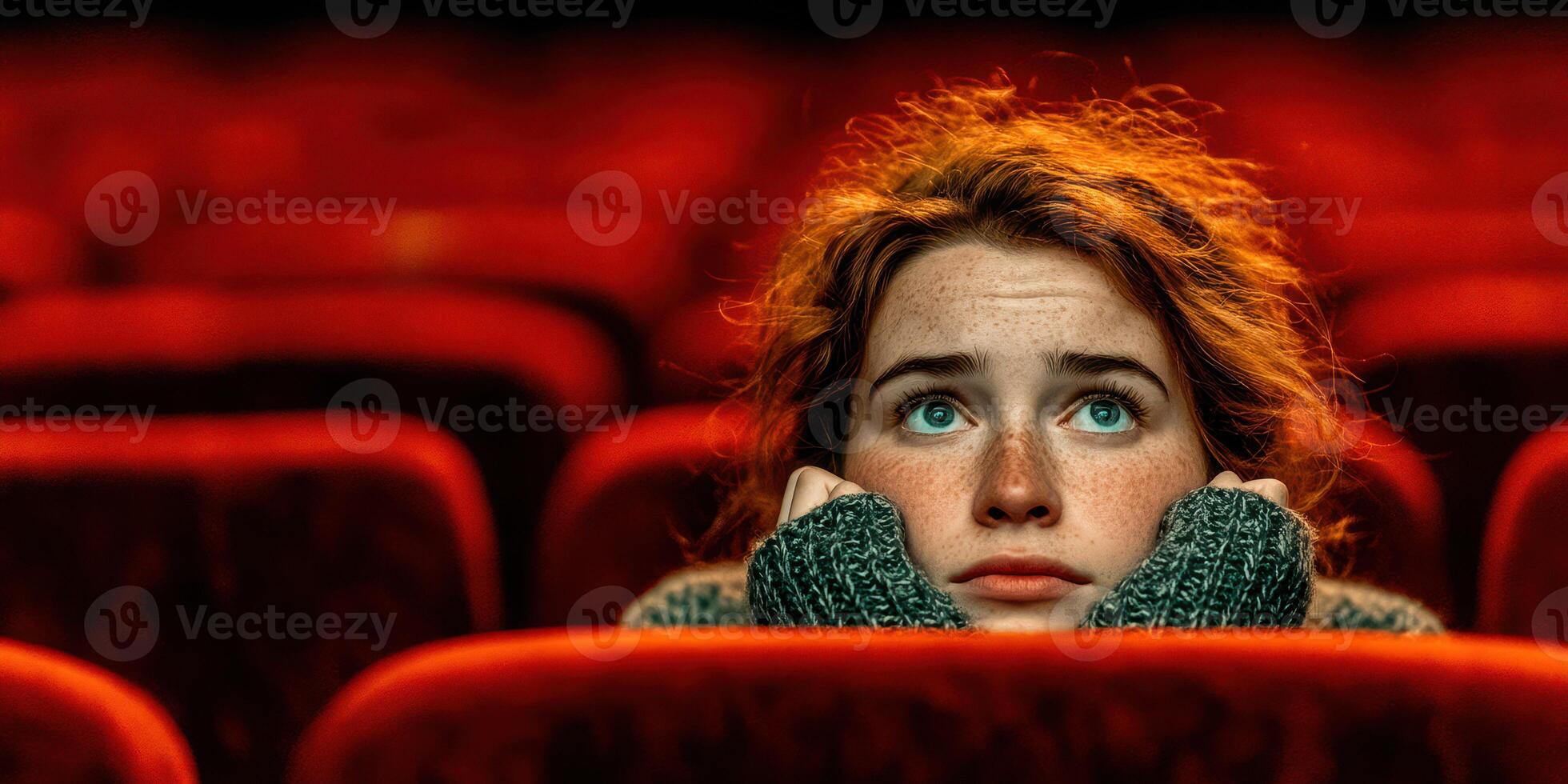 Young girl watches intently with a thoughtful expression in a dimly lit theater filled with red seats photo